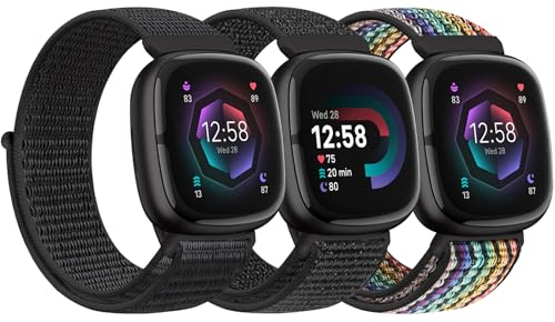 Bcuckood Nylon Armband kompatibel mit Fitbit Versa 4/Sense 2/Versa 3/Sense Damen Herren Weiches atmungsaktives Nylon Uhrenarmband Sport Solo Schleife Ersatzarmband
