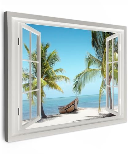 MuchoWow© Wandbilder 80x60 cm Schlafzimmer Home Deko Wohnung Bild Wohnzimmer Fotoleinwand Wand Bilder Leinwand Wall Decor Fensterblick - Strand - Palme - Boot - Tropisch - Meer - Blau