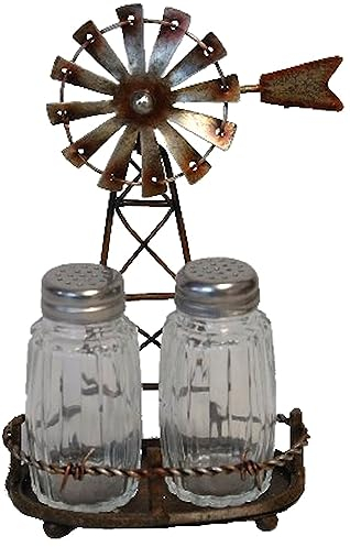 The Bridge Collection Windmill Salt and Pepper Shaker Holder Set - 3 Piece Set - Windmill Kitchen Items - Fun Salt and Pepper Shakers for Farmhouse, Country, or Pastoral Decor