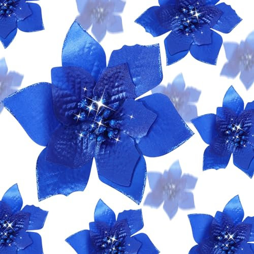 36 Pcs 3 Size Christmas Poinsettia Christmas Tree Flowers Glitter Faux Flowers Decoration Artificial Poinsettia Ornaments For Christmas New Year Home Outdoor Decoration (Royal Blue,3/ 4/ 6 Inch)