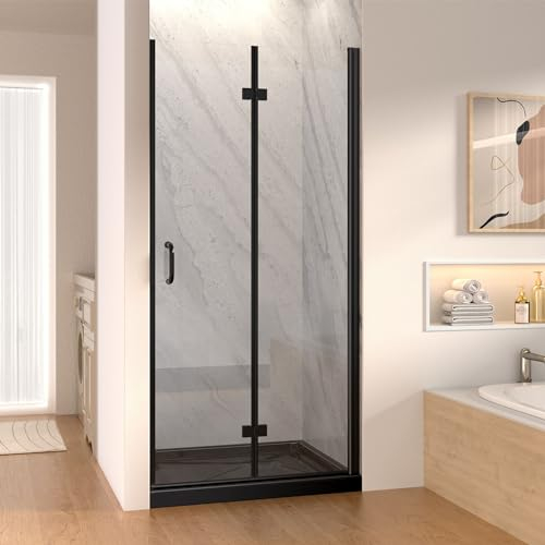 Duschtür 89-90cm x 185cm, mit 6mm ESG Nanobeschichtung Glas Duschtür Schwarz, Duschtür Faltbar mit Explosionsschutzfolie, T Triple Maple