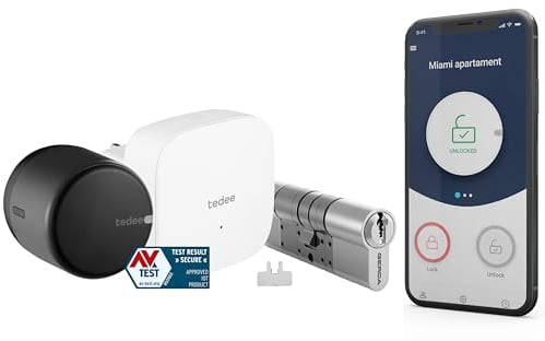 tedee Go Smart Lock mit WiFi, Zylinder 30-61/37-68mm und App Bluetooth für Fernzugriff, Smartes Türschloss verwandelt Ihr Smartphone in einen Schlüssel,AV-Test elektronisches Türschloss, Schwarz