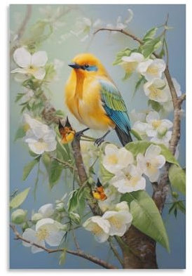 Impression sur toile encadrée avec oiseau jaune, fleur blanche et papillon coloré, prête à être accrochée