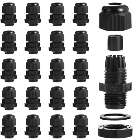 eROOSY 20 Pcs Cable Glands Waterproof PG7 Adjustable Cable Glands Nylon Cable Glands for Cables with a Diameter of 3-6.5mm, Waterproof Nylon Cable Glands, Black