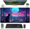 Cool Purple Kawaii Anime Moom Cat Desk Mat XXL Large Gaming Mouse Pad, Cute City Cats Desk Pad for Gamer Girl Women Office Desk Decor Mousepad, Computer Laptop Keyboard and Mouse Mat 31.5x15.75 in
