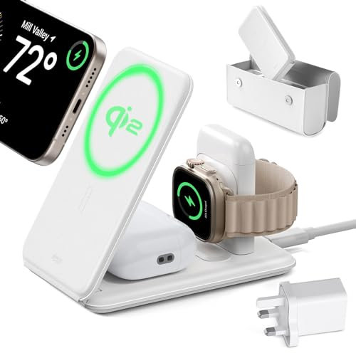 ESR Qi2 3 in 1 Magsafe Charger Stand, [Certified] Apple Watch Charger & 15W iPhone Magsafe Charging, Travel Portable Charging for iPhone 17/16/15/14/13/12 Series, AirPods 4/3/Pro, White, with Bag