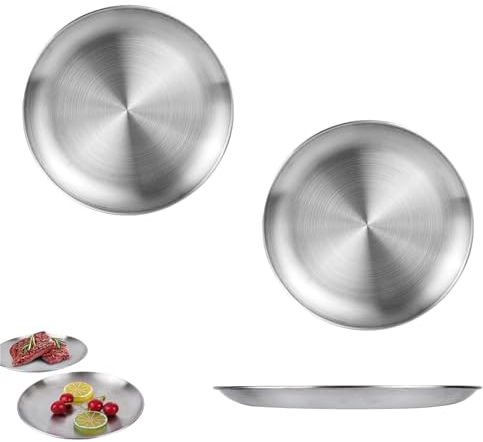 Lot de 3 Assiettes Rondes en Acier Inoxydable,Plats de Service en Inox Plateau,Plateau de Service pour Cuisine Salle à Manger Camping Fête,20CM