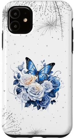 iPhone 11 Rose Blue Butterfly Phone Case,Aesthetic Butterfly Floral Case