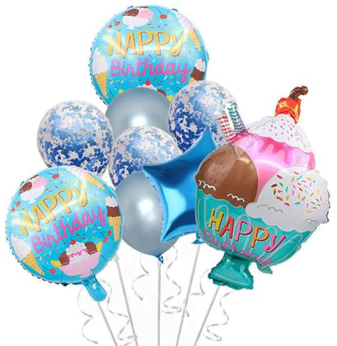 KOBOKO Happy Birthday Ballon Geburtstagsdeko, 9 Stück Helium Ballons Geburtstag Deko, Eiscreme Folienballon Kindergeburtstag Deko, Happy Birthday Luftballon Eis Deko, Helium Ballon Deko Geburtstag