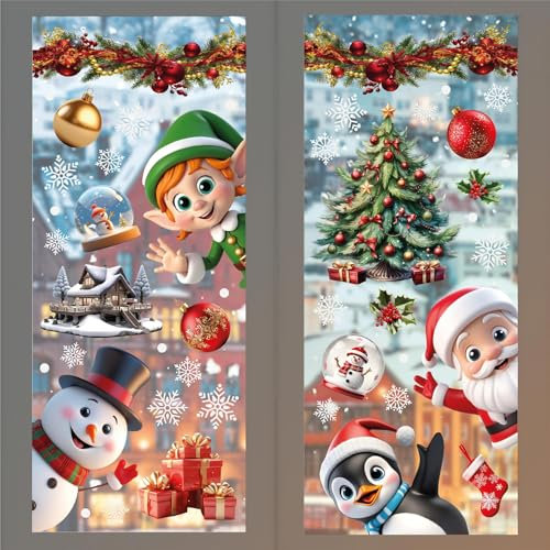 WALPLUS 149 PCS Xmas Window Clings Double Sided Christmas Window Clings Reusable Christmas Window Stickers Removable Peeking Santa & Friends with Snowflake Window Stickers