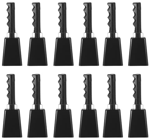 PATIKIL 9inch Cow Bells for Football Games, 12pcs Cowbells for Sporting Events Bulk Loud Noise Makers Metal Cow Bell with Handle for Cheering Competition Marathon Wedding DIY Paint, Black