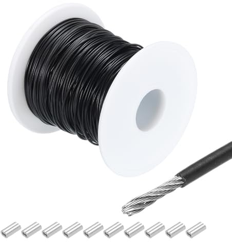 QUARKZMAN Drahtseil Edelstahl 30M x 1 mm Stahlseil PVC ummantelt mit 10 Aluminiumhülsen Sicherungsdraht Aufhängedraht Drahtkabel Wäscheleine für Bilder Outdoor Zaun Gardinen, Schwarz
