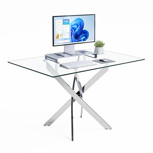 GOLDFAN Bureau d'ordinateur en Verre Trempé, Poste de Travail, Bureaux d'étude 110cm pour Bureau, Salon, Chambre, Argent