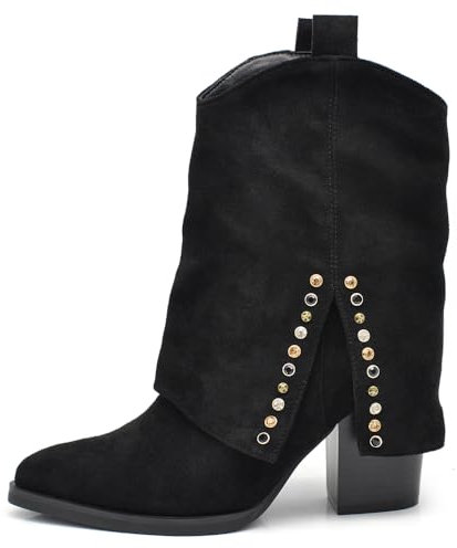 IF FASHION Stivaletti In Ghetta Cownboy Texani A Punta Con Tacco Borchie Da Donna GA019 Nero N.39