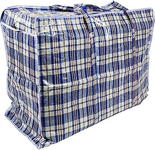 PLASTIKTASCHE Camping Jumbo Unterbettkommode Wäschetasche Aufbewahrungs Tasche kariert Reißverschluss XXL XL L GROß (Blau, 100L x 30B x 60H cm)