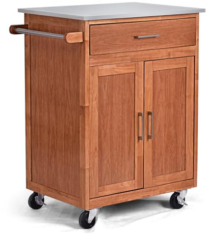 Carrito de isla de cocina móvil con encimera de acero inoxidable, cajón ajustable y asa, carrito de servicio de almacenamiento rodante para el hogar comedor