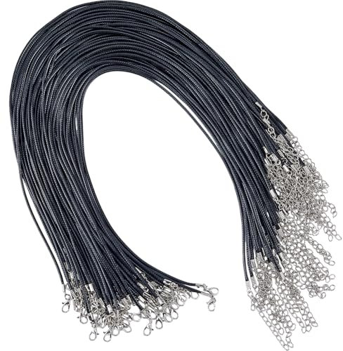 SOFPLATE 50 cordon de Collier en Cire Noire de 45.7cm /18 pouces Cordon de Bijoux Ciré avec Fermoir Extrémités en Similicuir Chaîne D'Extension Corde pour la Fabrication de Bijoux Collier Bracelet Fou