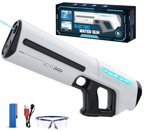 Skirfy Pistola de agua eléctrica para niños y adultos, juguete de pulverización a pilas con tanque, alcance de 9 m, luz LED, absorción automática de agua, juego de verano en la playa al aire libre