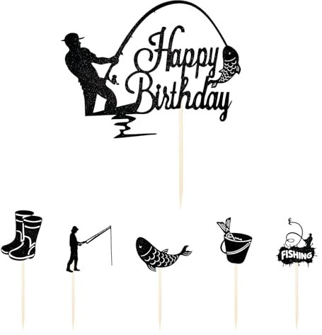 6 Stück Angler Cake Topper, Fische Angeln Deko, Angler Zubehör für Kuchen DIY Deko Jungen Mann Geburtstagsparty Happy Birthday Tortendeko Fische Geburtstag party Geburtstags