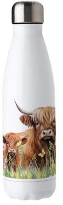 Highland - Borraccia in acciaio inox con mucca e vitello, riutilizzabile, a doppia parete, 500 ml, per bevande calde/fredde, idea regalo per esterni