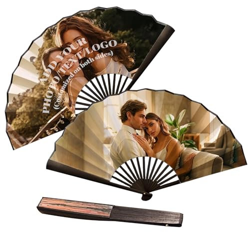 Handfächer Personalisierte Fotos Fächer Hochzeit Handfächer Bambus Sommer Gastgeschenke zur Hochzeit der Originalität Personalisierte Geschenk Faltbare Dekorative Faltfächer (Schwarz)