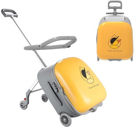 Zertylre Kinderkoffer, 2-in-1 Kabinenkoffer mit Sitz für Kinder,40 l erweiterbarer Hartschalenkoffer mit Spinner-Rädern, ab 4 Jahren,Flughafenreisen leicht gemacht (gelb)