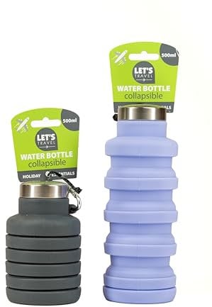 Let's Travel Collapsible Water Bottle, 500ml, Silicone Travel Bottle with Carabiner,Foldable Design, Hiking - Camping - Available in Colours Grey, Purple, Orange - (Colour Chosen at Random)