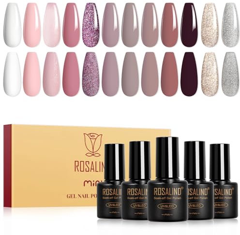 ROSALIND Smalti Semipermanenti per Unghie, 12 Colori Bianco Rosa Viola Farina d'avena Marrone Glitter Oro Argento Smalto Semipermanente, Soak Off UV/LED Mini Nail Art Manicure Smalto Gel Unghie