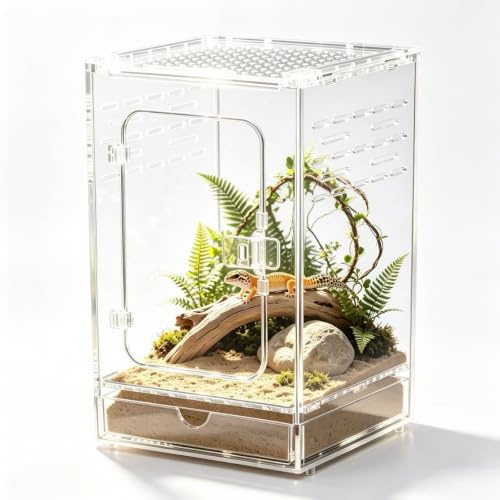 Reptile Feeding Box, Acrylic Transparent Terrarium, Tarantula Enclosure with Vents Anti-Escape Design, Reptile Terrarium kit for Lizard Snake Frog Turtle Spider, 15 * 15 * 25cm