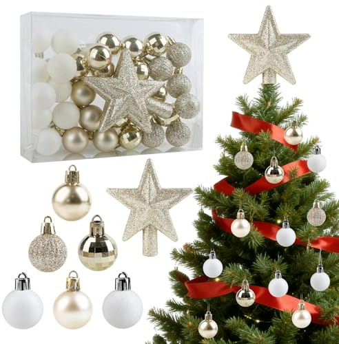 32Pcs Christmas Baubles, 3cm/1.18 Champagne and White Christmas Tree Ball Decorations, Shatterproof Hanging Ornaments with Tree Star Topper for Xmas Party Indoor Outdoor Home Decoration