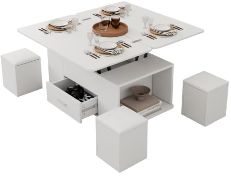 HAINEW Couchtisch mit Höhenverstellbarer Tischplatte und Verstecktem Stauraum, Wohnzimmertisch Beistelltisch Kaffeetisch Sofatisch mit 4 Hocker und Schubladen für Wohnzimmer, 100×100×60cm