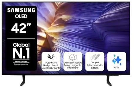 Samsung OLED 4K Vision AI Smart TV 42'' QE42S90FAEXZT Processore NQ4 AI Gen3r, 4K AI Upscaling Pro, OLED HDR+, Motion Xcelerator 144Hz, PACCHETTO INTRATTENIMENTO, 2025