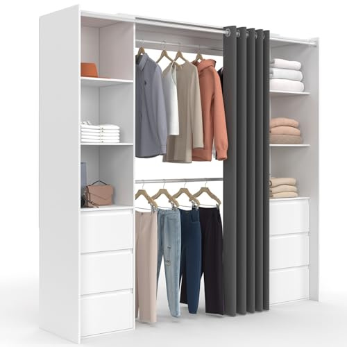 IDMarket - Dressing extensible double MERYL 120/180 cm blanc et rideau gris | Avec 6 tiroirs, étagères et double penderie