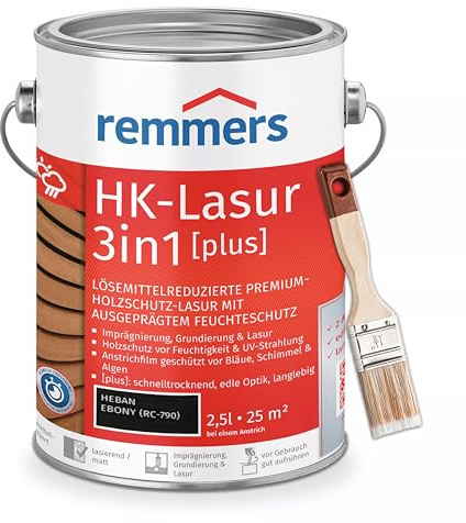 RemmersSet HK-Lasur 3in1 Plus + Pinsel Bandloo Set – Holzlasur für Außenbereich: Imprägnierung, Grundierung & Lasur in einem, Schutz vor Feuchtigkeit & UV-Strahlung, Varnish (Ebenholz, 2,5 L)