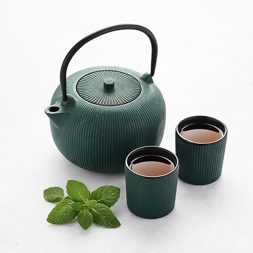 Point-Virgule set di teiera a coste in ghisa e 2 tazze rivestimento smaltato interno Forest Green