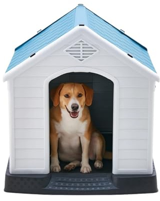 EG Outdoor Dog Kennel, Weather-Resistant Plastic Pet House, 73.6 x 66.5 x 69.5 cm, White and Blue, 8 kg