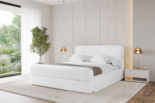 ALTDECOR Polsterbett mit Bettkasten und Lattenrost, Bett mit Kopfteil, Boxbett ohne Matratze, Doppelbett mit Stauraum - Enora-Z - 180x200 Weiß Kunstleder