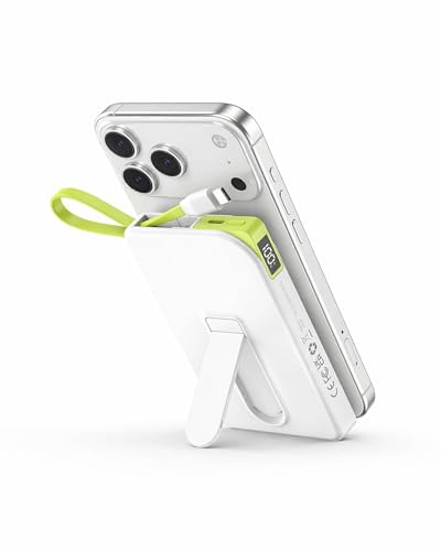 Power bank für MagSafe iPhone 10000mAh, 3 in 1 Magnetische Schnellladen PowerBank for i-Phone Air 17/16/15/14/13/12, Wireless Powerbanks Handy mit integriertem USB-C Kabel&Ständer für Android,Perlmutt