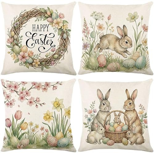Hopomoon Kissenbezüge 45x45 cm 4er Set Leinen – Vintage Aquarell Osterhase & Ostereier – Weiche Landhaus Deko – Waschbar mit Reißverschluss – Frühlingsdeko für Sofa Wohnzimmer