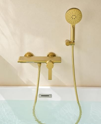 Badewannenarmatur Gold mit Handbrause, Wannenarmatur Wasserfall Messing Mischbatterie Dusche Badewanne Aufputz Wasserhahn Armatur Badewanne Heiß Kalt Einhebelmischer