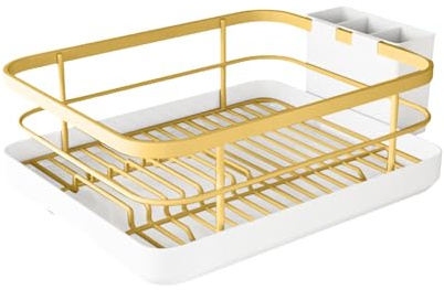 Escurreplatos para platos, cubiertos de ABS con soporte para utensilios, bandeja de goteo para platos, cucharas, tenedores, palillos, estructura de metal en dorado, negro y blanco, bandeja de cocina