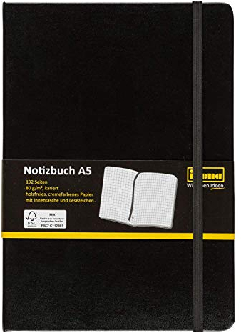 Idena 209281 - Notizbuch DIN A5, kariert, Papier cremefarben, 192 Seiten, 80 g/m², Hardcover in Schwarz