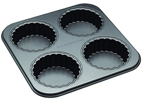 MasterClass 4 Hole Loose Bottomed Tart Tin with PFOA Non Stick, Robust 1 mm Thick Carbon Steel, 26 x 26 cm Pan with 10 cm Mini Tartlet Moulds