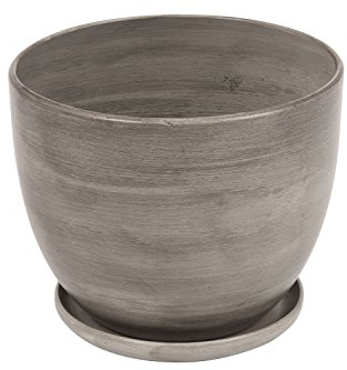 Pot de Fleur ceramique Baril avec Support Soucoupe Hauteur 15 cm diametre 19 cm Gris
