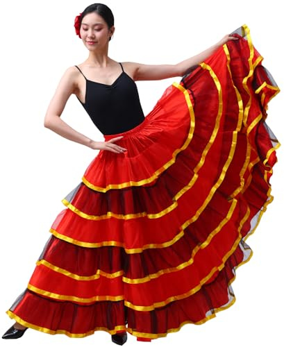 Womens Ballroom Twirling Long Tutu Skirt for Flamenco Belly Dance Performance Halloween Costume