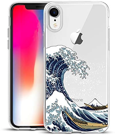 Unov Case Compatible with iPhone XR Case Clear with Pattern Slim Protective Soft TPU Bumper Embossed Design Shock Absorption 6.1 Inch (Great Wave)