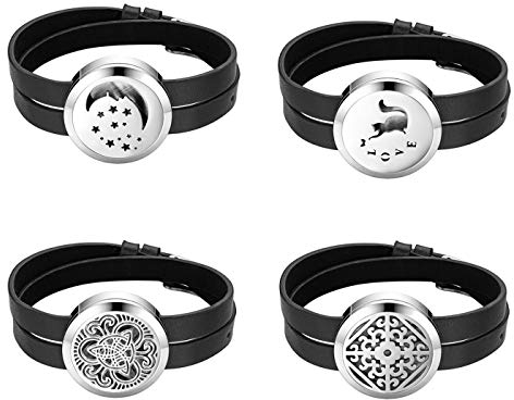 JewelryWe Schmuck 4pcs Unisex Aroma Öl Diffusor Armband, Edelstahl Aromatherapie Diffusor Locket Medaillon Lederarmband Armreif mit 6 Pads, Schwarz Silber