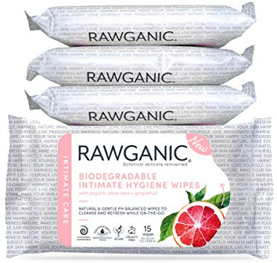 RAWGANIC Bio Intim-Hygienetücher | COSMOS zertifiziert | Hypoallergen, Alkoholfrei, Spülbar Und Biologisch Abbaubar | 100% Zellulose (15 Tücher pro Packung) (4 Packungen)
