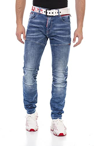 Cipo & Baxx Herren Jeans Hose Straight Fit Denim Jeanshose Reißverschluss Naht Pants CD698 Blau W34 L32