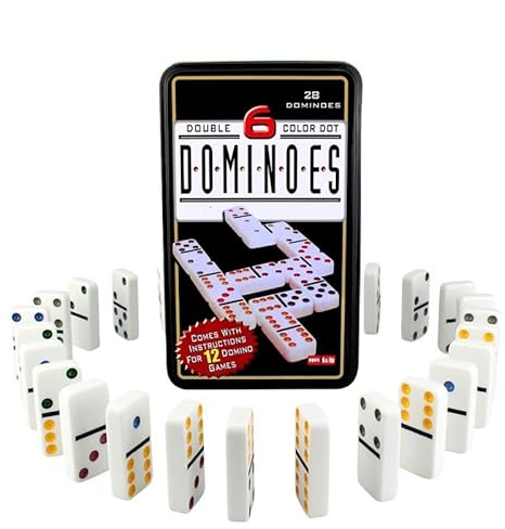Dominó Brettspiel / Domino-Set mit Metallbox / Traditionelles Spiel für Kinder und Erwachsene / 28 Spielsteine und 6 Farben